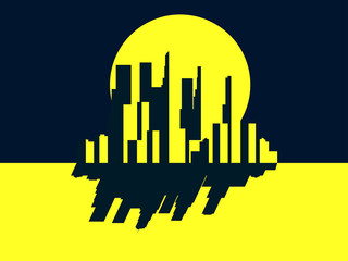 Skyscrapers night. Panorama of a big city in retro style. Yellow with black. Noir. Vector illustration