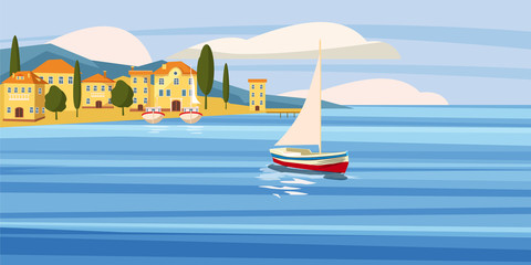 Fototapeta na wymiar Beautiful seascape, southern city by the sea, houses,cartoon, boats, vector, illustration