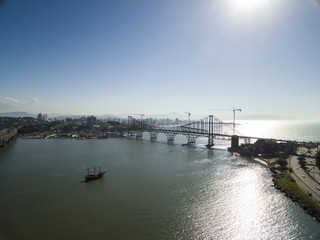 Obraz premium FLORIANOPOLIS, BRAZIL - July 17: Hercilio Luz bridge currently under restoration, in Florianopolis. The deactivated bridge connects the continental coast in Brazil to the island.