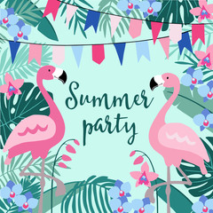 Obraz premium Summer birthday party greeting card, invitation with hand drawn palm leaves, orchid flowers, flamingo birds and party flags. Tropical jungle design. Vector illustration background.
