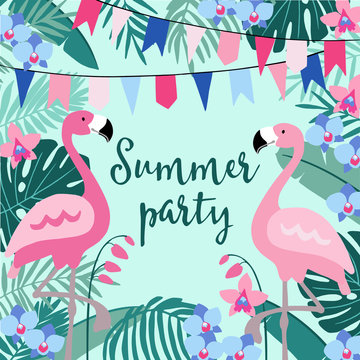 Summer birthday party greeting card, invitation with hand drawn palm leaves, orchid flowers, flamingo birds and party flags. Tropical jungle design. Vector illustration background.