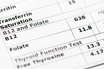 Blood chemistry report showing normal Vitamin B12 and Folate levels.