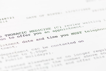 Patient appointment letter advising of an appointment with the Thoracic Medicine Clinic.