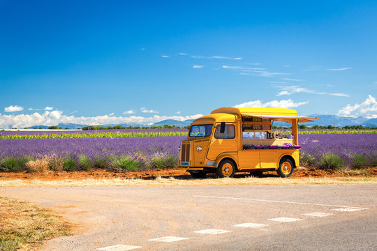 Mobile souvenirs shop at lavender fields near Valensole, Provence, France