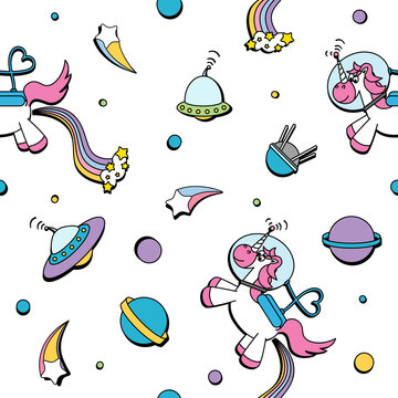 Unicorn in the universe seamless pattern funny