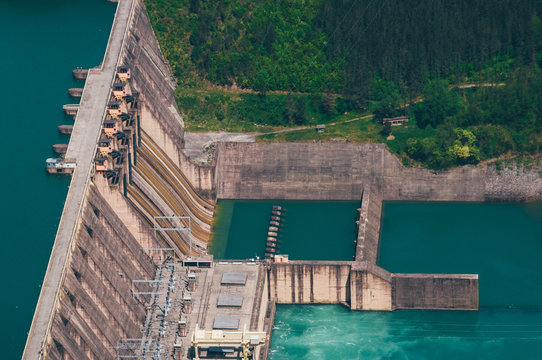 View from the mountain on the artificial lake with the hydro power plant