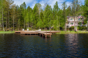 Wooden bathing bridges in the lake