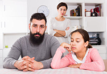 Fototapeta premium Mother lecturing husband and daughter