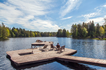 Wooden bathing bridges in the lake