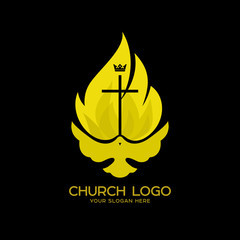 Church logo. Christian symbols. The Dove and the Flame of the Holy Spirit, the Kingdom of God