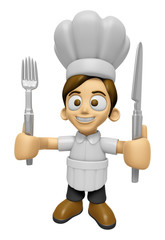 3D Chef Man Mascot hand is holding a Fork and Knife. Work and Job Character Design Series 2.