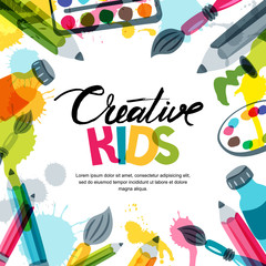 Kids art, education, creativity class concept. Vector banner, poster or frame background with hand drawn calligraphy lettering, pencil, brush, paints and watercolor splash. Doodle illustration.
