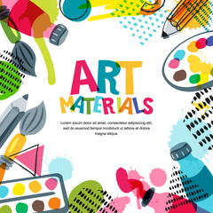 Art materials for design and creativity. Vector doodle illustration. Banner, poster or frame background with pencils, brushes, paints and watercolor splashes.