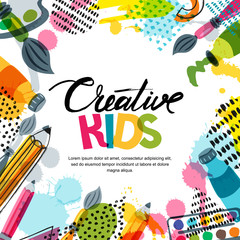 Kids art, education, creativity class concept. Vector banner, poster or frame background with hand drawn calligraphy lettering, pencil, brush, paints and watercolor splash. Doodle illustration. - 166397533