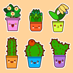 cute cartoon kawaii set of plant, cactus succulents and flowers with funny faces Flat design Vector Illustration