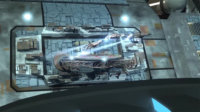 A 3D highly detailed spaceship with drones taking off for futuristic deep space travel backgrounds, or alien and military fantasy games. 