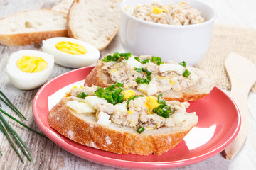Mackerel or tuna fish paste sandwiches with egg and chives