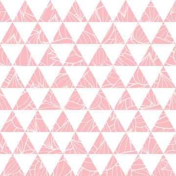 Vector salmon pink triangles and leaves texture seamless repeat pattern background. Perfect for modern fabric, wallpaper, wrapping, stationery, home decor projects.