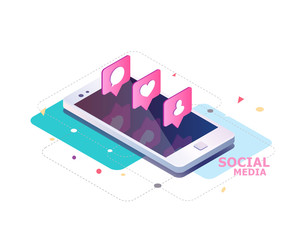 Obraz premium Isometric concept with mobile phone and push notification with likes, new comments, messages and followers.