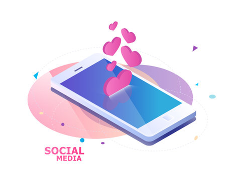 Isometric concept with mobile phone and falling hearts and likes.