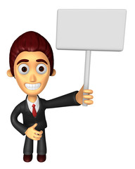3D Business man Mascot hand is holding a Big advert board. Work and Job Character Design Series.