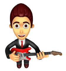 3D Business man Mascot playing the electric guitar. Work and Job Character Design Series.