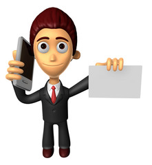 3D Business man Mascot the hand is holding a Smart Phone and business cards. Work and Job Character Design Series.