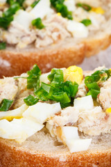 Closeup of baguette with fresh mackerel or tuna fish paste, healthy nutrition concept