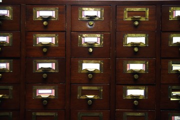 Wooden card catalog in a library