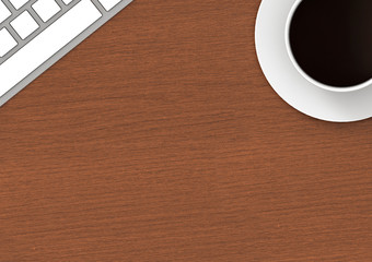 3d rendering. coffee cup and keyboard on the wood table