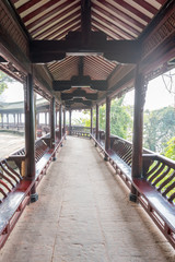 Chinese traditional corridor in the fog, Leshan, Sichuan Province, China