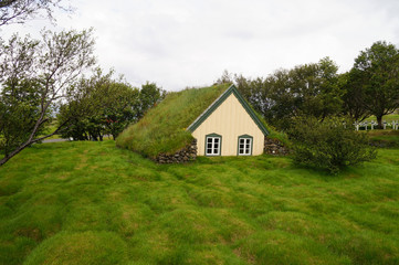 Obraz premium Hofskirkja church is a beautiful turf church, Iceland.