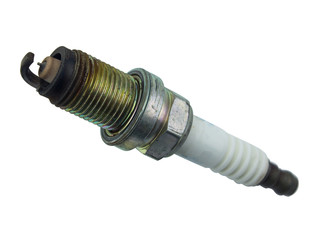 car spark plug used for ignition, Spark plug after use, isolate on white background, made form steel, ceramic, aluminum, selective focus ignition.