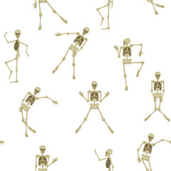Seamless pattern, background with dancing skeletons. Stock line vector illustration.