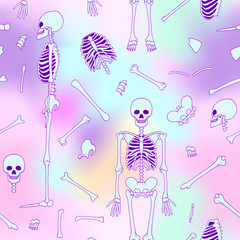Seamless pattern, background with dancing skeletons. On neon vanilla background. Stock line vector illustration.