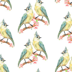 retro seamless texture with couples of birds on flowering branches. watercolor painting