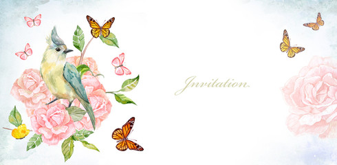Fototapeta na wymiar invitation banner with graceful bird on flowering roses. watercolor painting