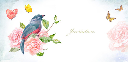 invitation banner with graceful bird on pink flowering roses. watercolor painting