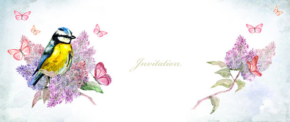 Fototapeta premium invitation banner with cute bird on flowering branch lilac. watercolor painting