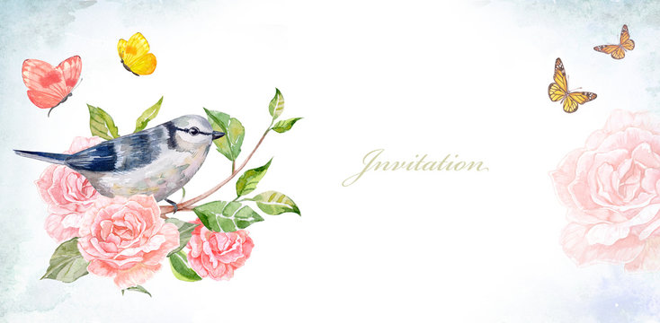 invitation banner with nice bird on lovely roses. watercolor painting