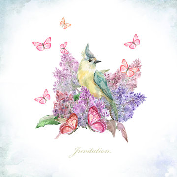 greeting card with graceful bird on flowering branch lilac. watercolor painting