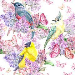 nice seamless texture with birds on branch flowering lilac and pink butterflies. watercolor painting