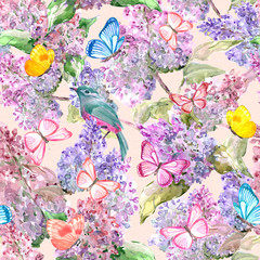 Obraz na płótnie Canvas fashion seamless texture with bird on branch flowering lilac. watercolor painting