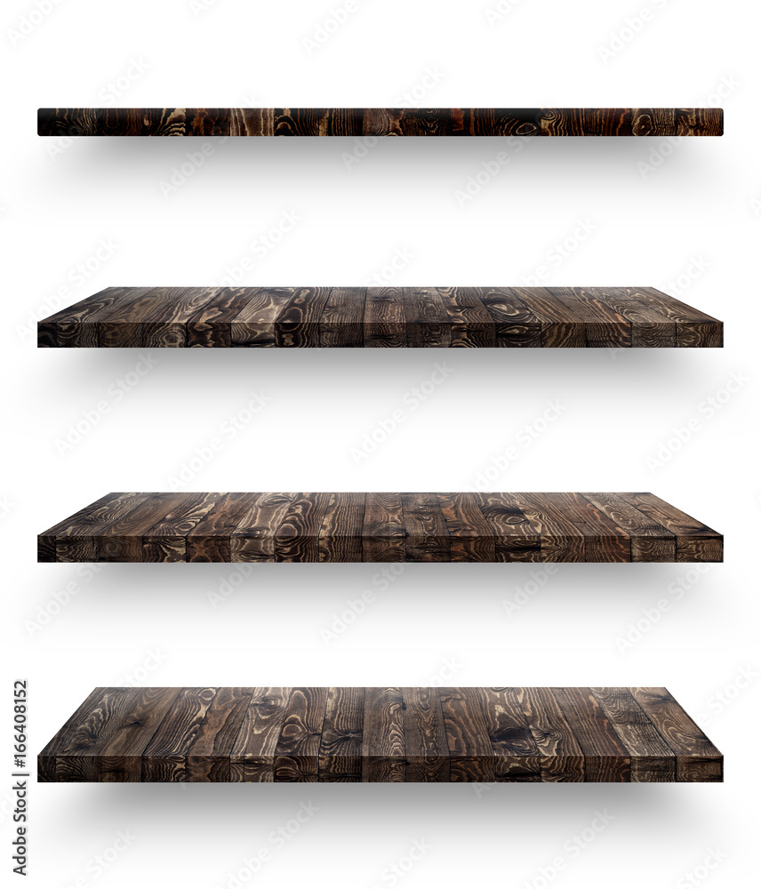 Wall mural wooden shelf template set isolated on white background with clipping path
