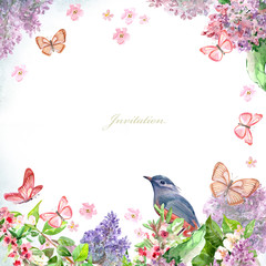 Naklejka premium spring blossom and bird for your design. watercolor painting