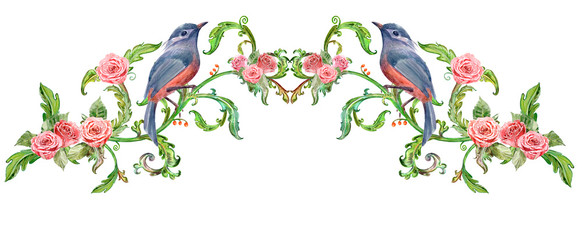 Fototapeta premium banner with lovely floral arrangement and bird. watercolor painting.