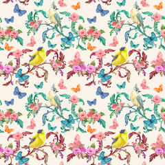 vintage seamless texture with fancy floral and birds. watercolor painting.