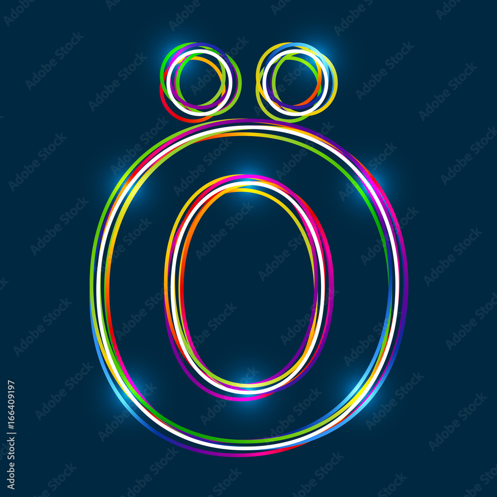 Poster letter ö - vector multicolored outline font with glowing effect isolated on blue background. eps10