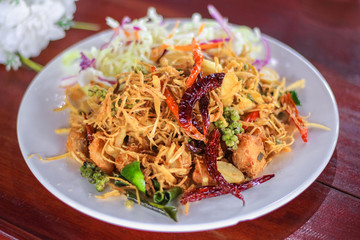 Deep fried snapper with herbs and chili