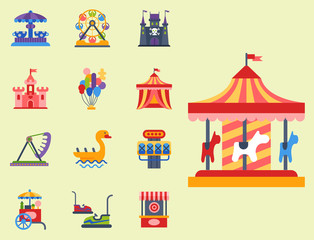 Carousels amusement attraction park side-show kids outdoor entertainment construction vector illustration.